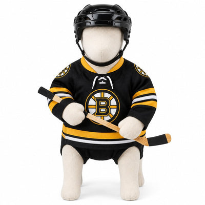 Boston Bruins dog hockey costume with jersey, helmet and stick